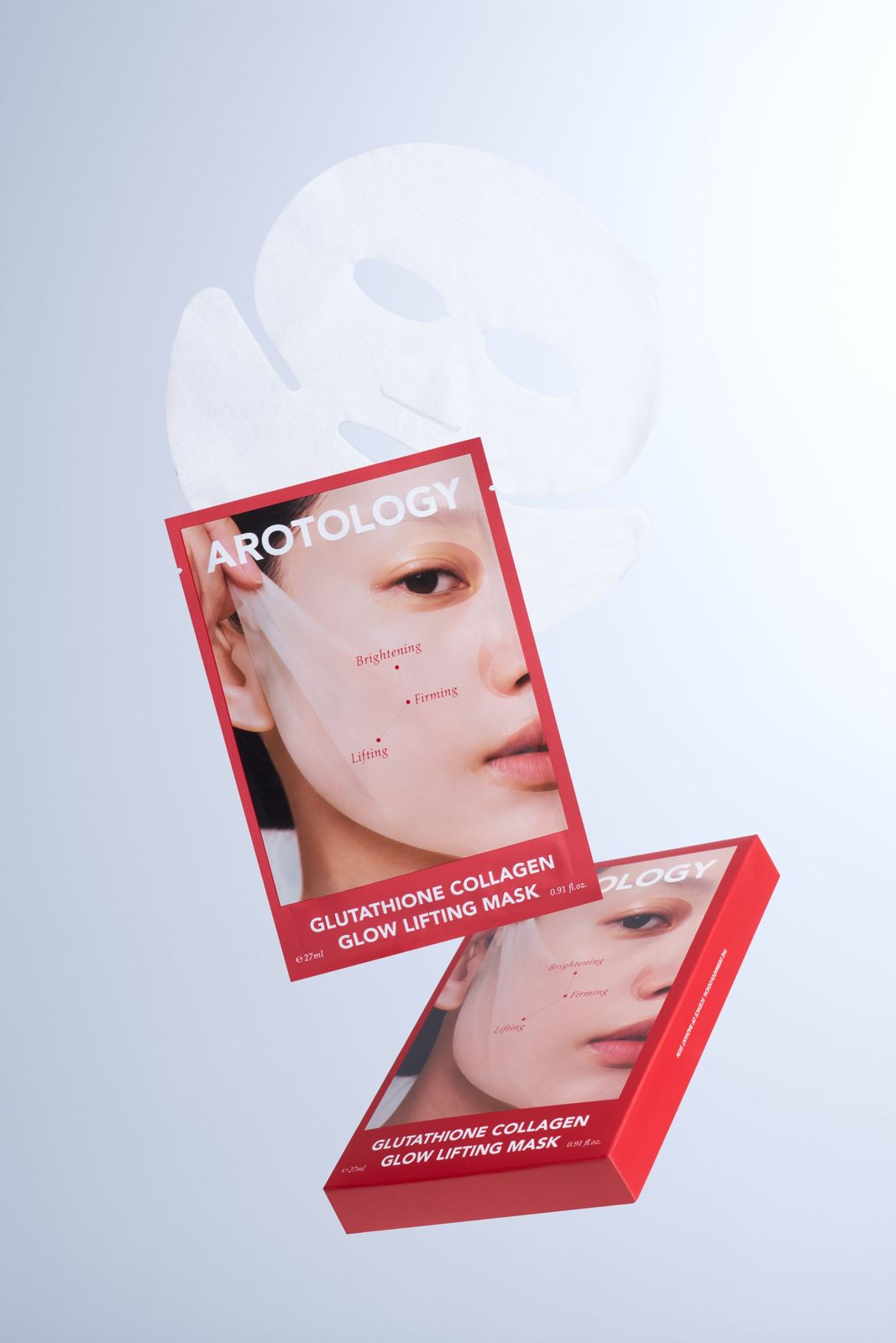AROTOLOGY · 마스크 — 마스크 시트 실루엣을 배경으로 패키지 박스 2개를 비스듬히 띄운 연출컷, 블루 그라데이션 배경