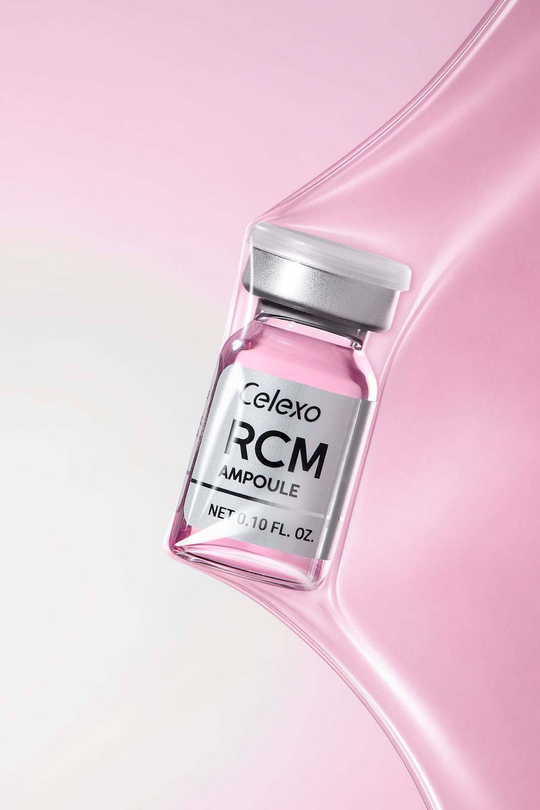 Celexo · RCM 앰플 — 물결치는 핑크 리본 형태의 그래픽 배경 위에 제품을 클로즈업한 연출컷