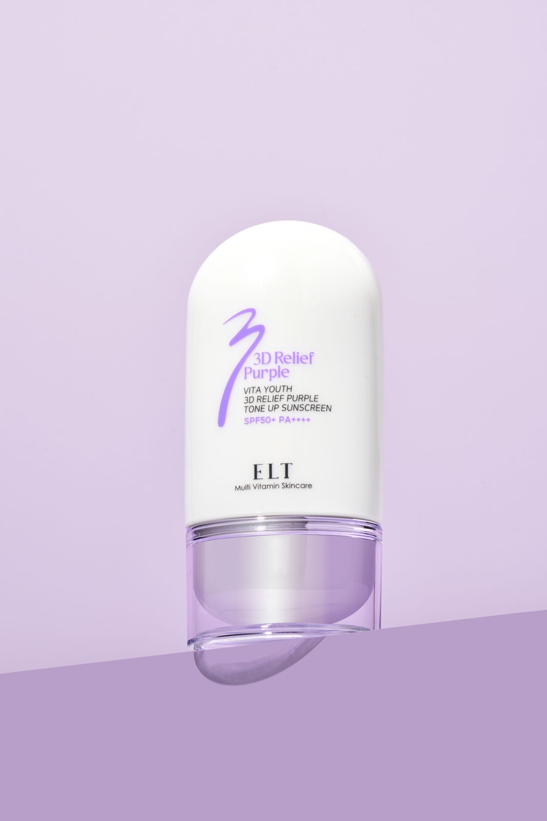 ELT COSMETIC · 선스크린 — 퍼플 배경, 제품 정면 단독컷