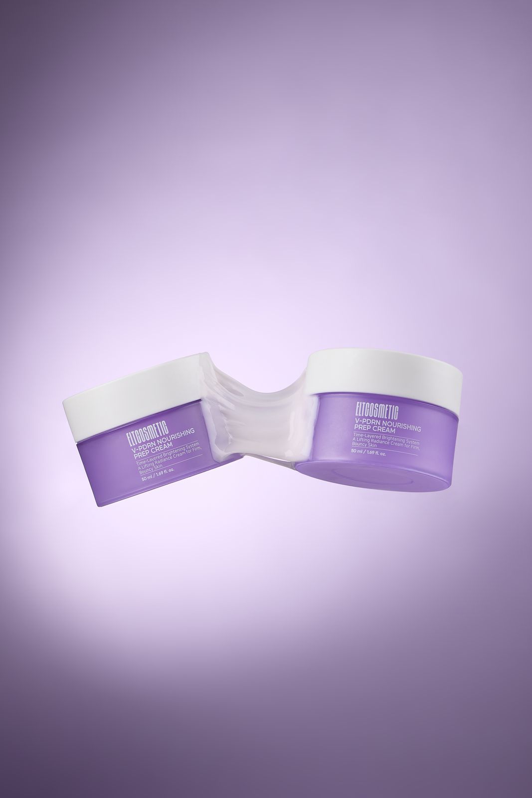 ELT COSMETIC · V-PDRN 크림 — 용기 2개를 나란히 띄우고 사이를 제형으로 연결한 연출컷