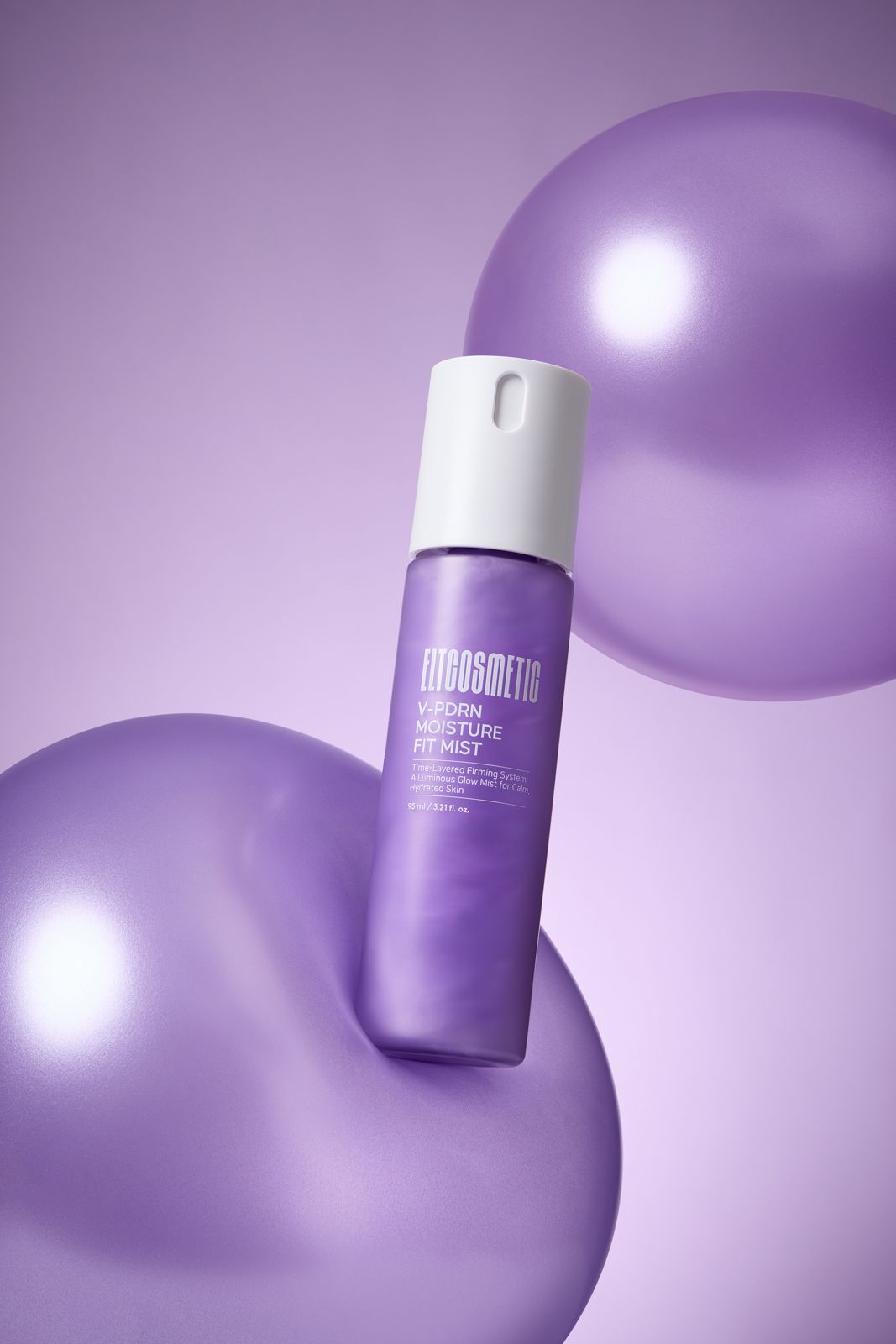 ELT COSMETIC · V-PDRN 미스트 — 대형 퍼플 풍선 사이에 세운 연출컷