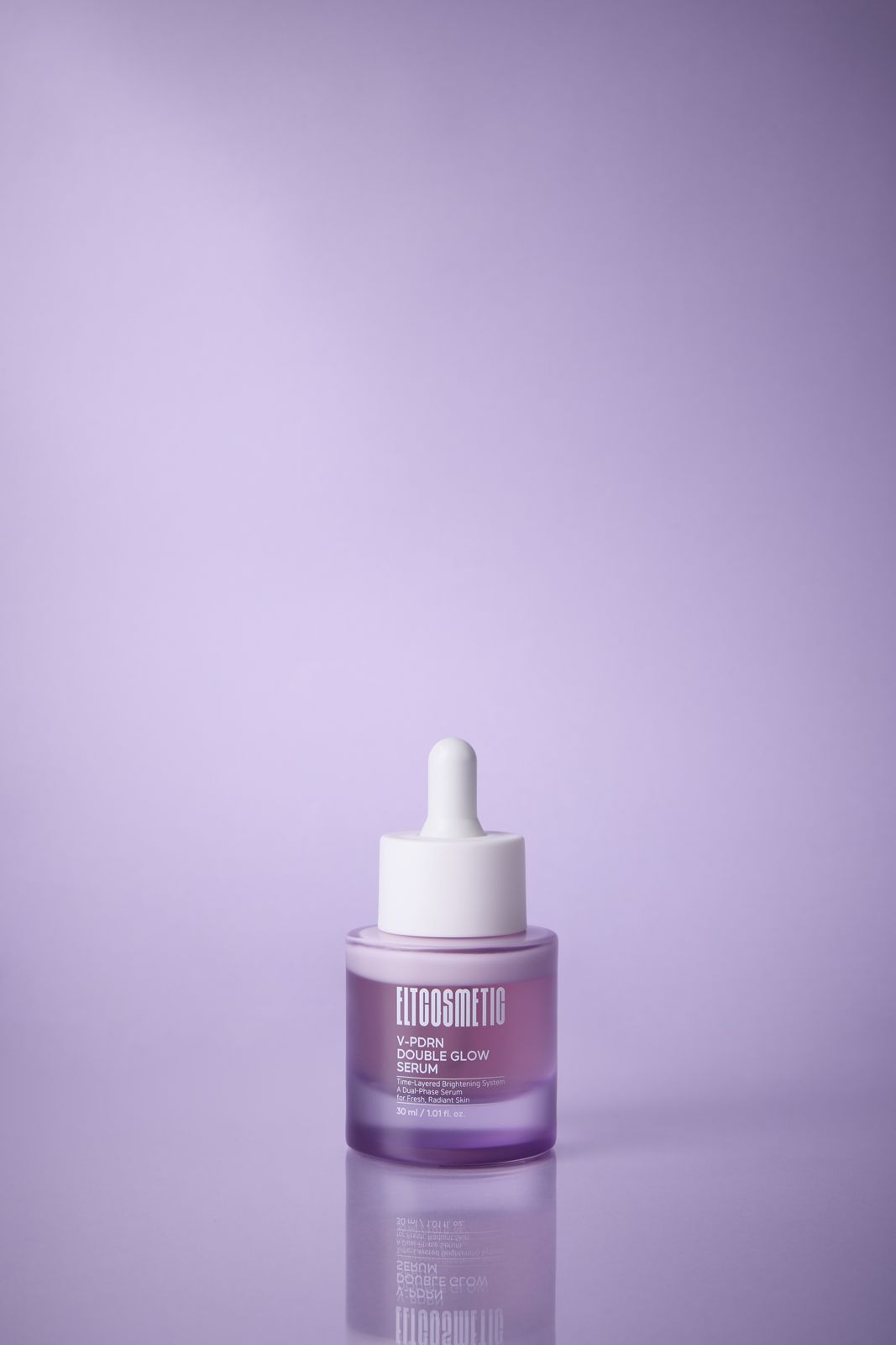ELT COSMETIC · V-PDRN 세럼 — 퍼플 배경, 단독 병컷 정면