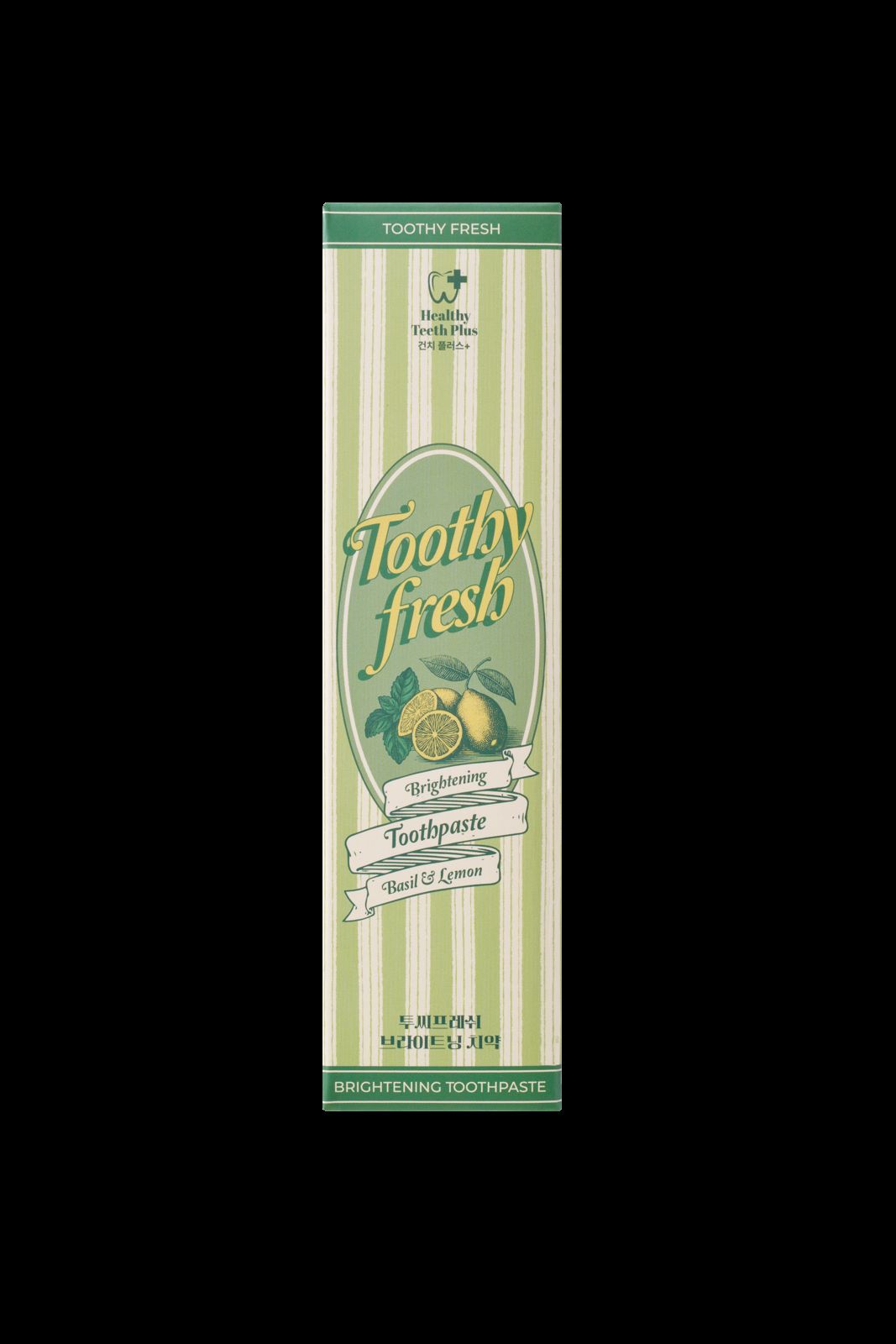 HEALTHY TEETH PLUS · 투씨프레시 브라이트닝 치약 — 패키지 박스 단독 누끼(투명 배경) 컷
