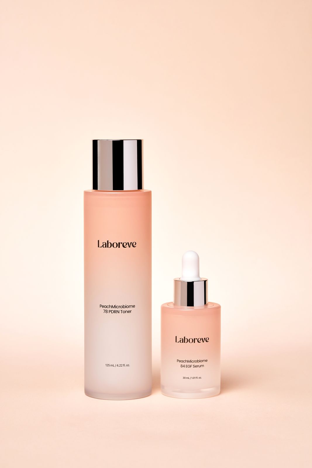 LABOREVE · PDRN 토너 — 토너·세럼을 나란히 놓은 페어 컷