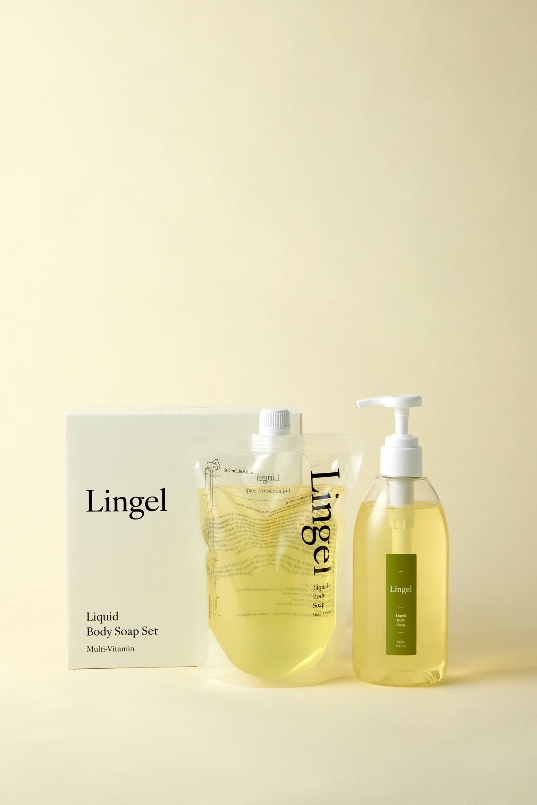 LINGEL · 리퀴드바디솝 — 박스와 리필 파우치, 본품 용기를 함께 놓은 세트컷