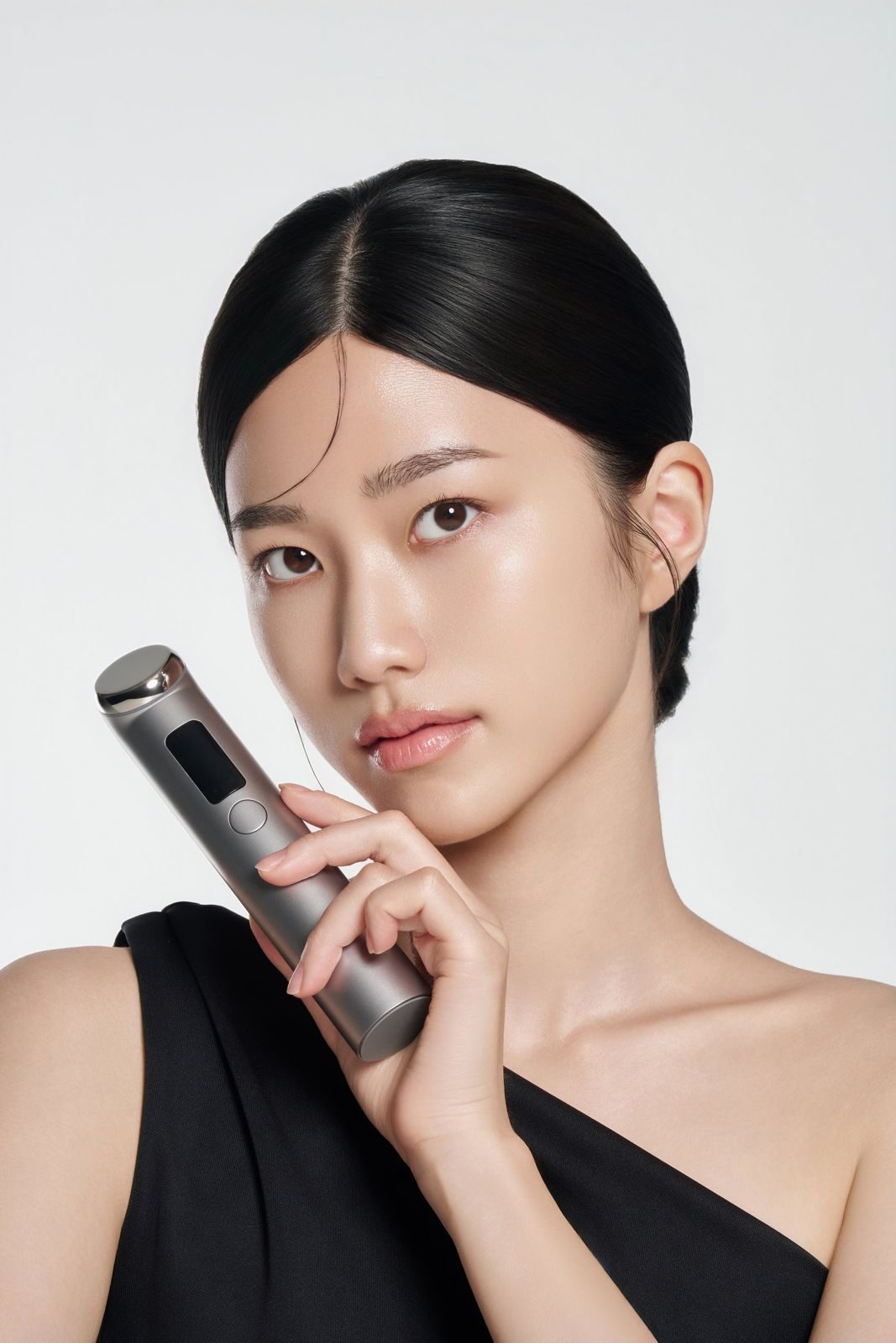 Lucelon · 디바이스 — 정면을 응시하며 볼 옆에 기기를 든 모델 클로즈업 컷, 화이트 배경