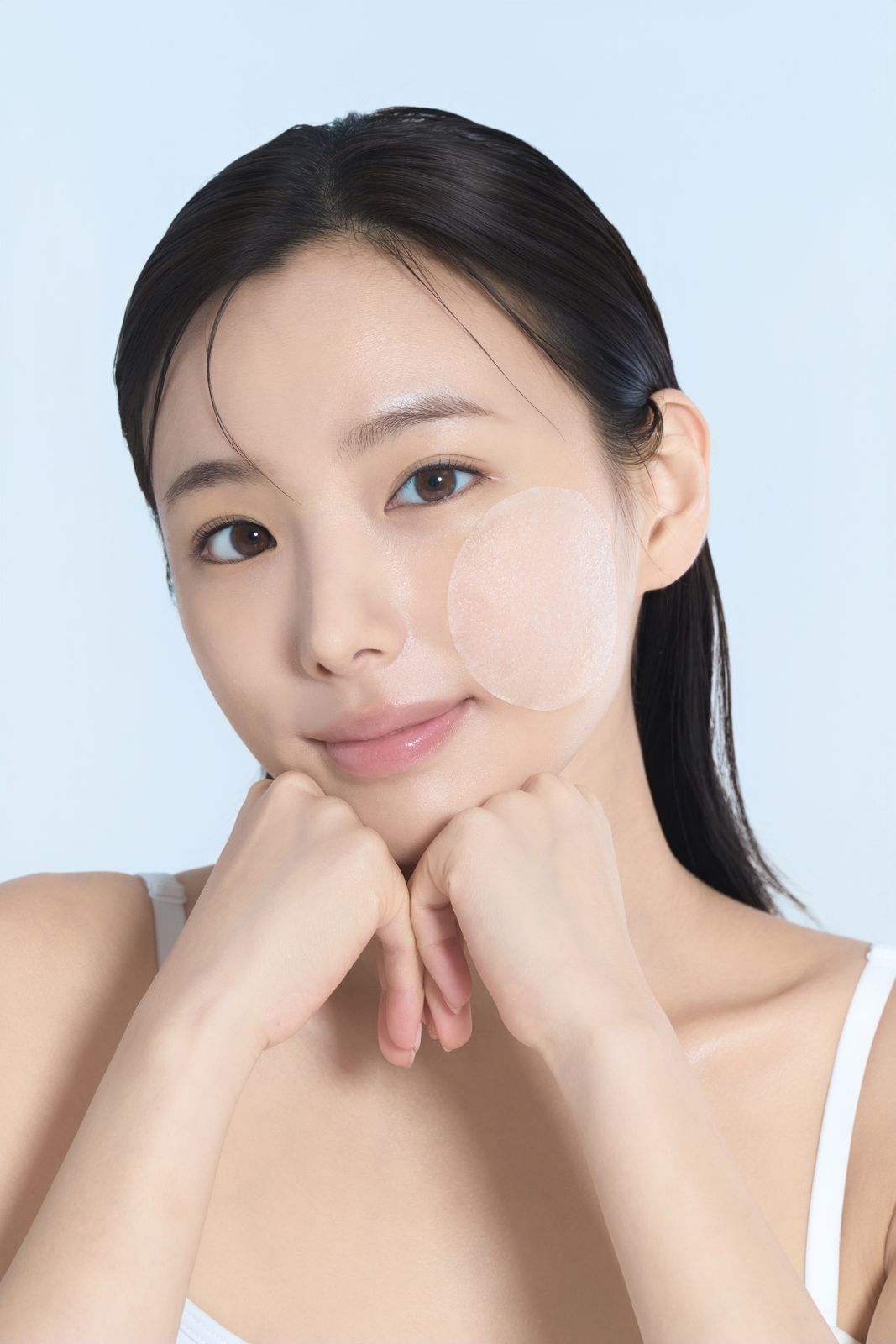 NAXNA · 모델촬영 — 토너패드를 볼에 붙인 채 두 손을 턱 아래 모은 컷