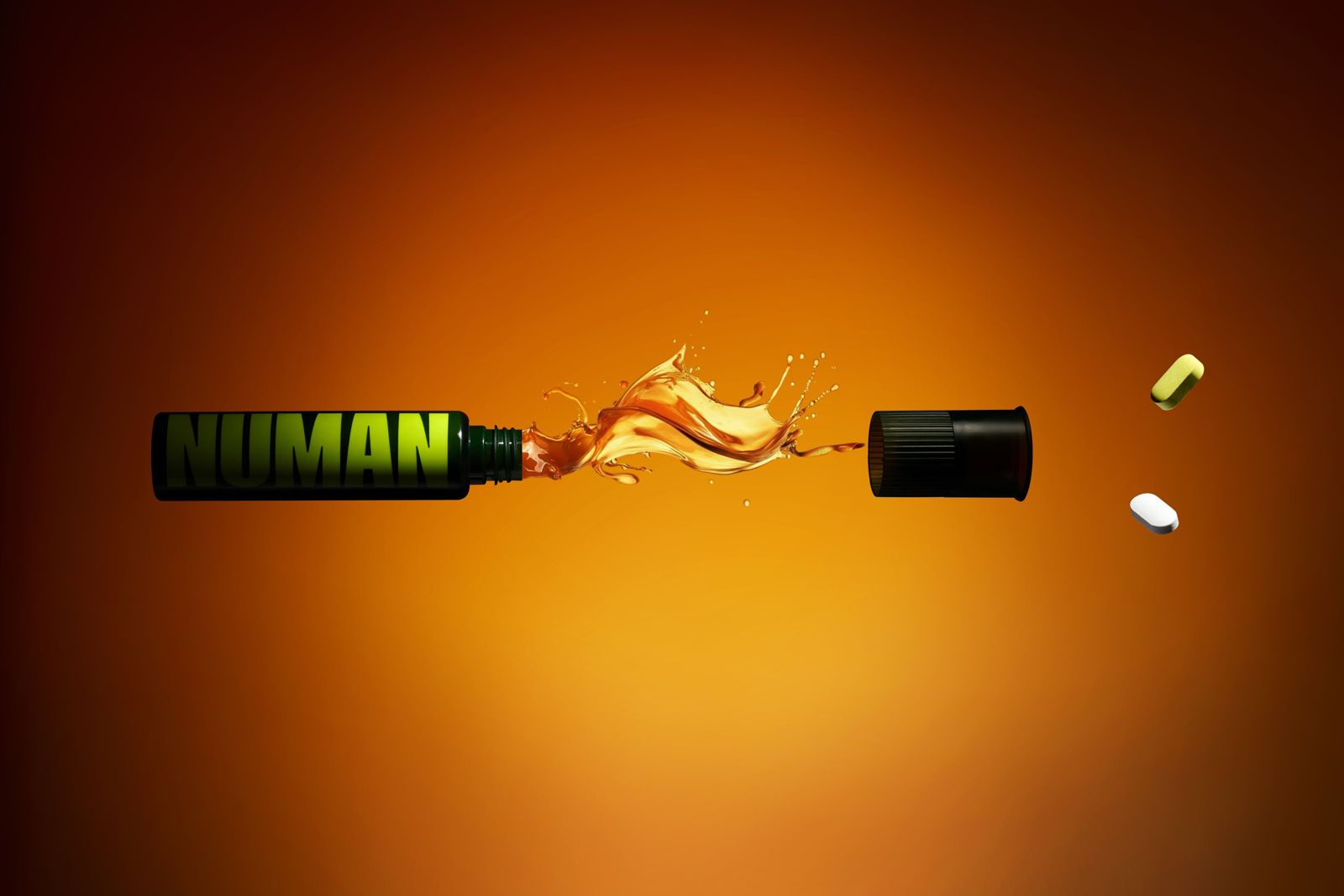 NUMAN · 건강기능식품 — 캡슐이 뚜껑에서 튀어 오르는 장면과 앰플에서 제형이 튀어 오르는 장면을 합성한 다이내믹 연출컷, 오렌지 배경
