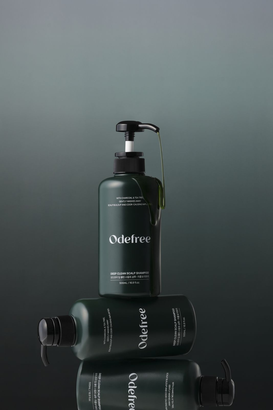 ODEFREE · 샴푸 — 용기 3개를 쌓은 그룹컷, 제형 흘러내림