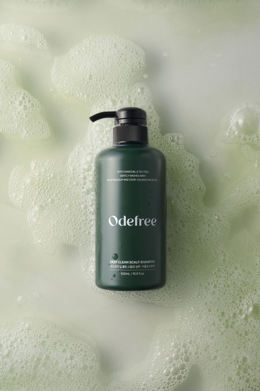 ODEFREE · 샴푸 — 거품 위 탑뷰 클로즈업 컷