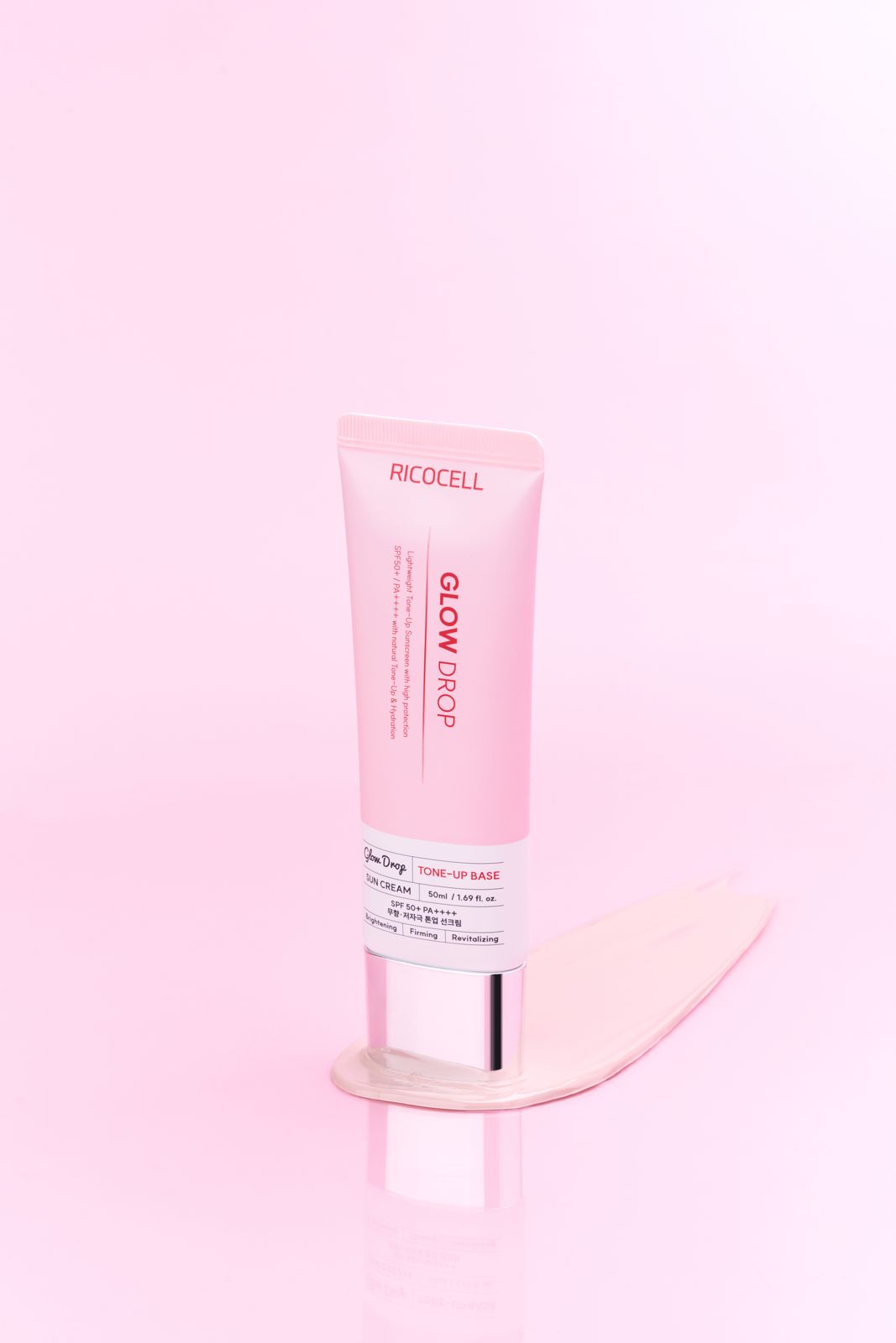 RICOCELL · 톤업베이스선크림 — 제형 텍스처 배경 튜브컷